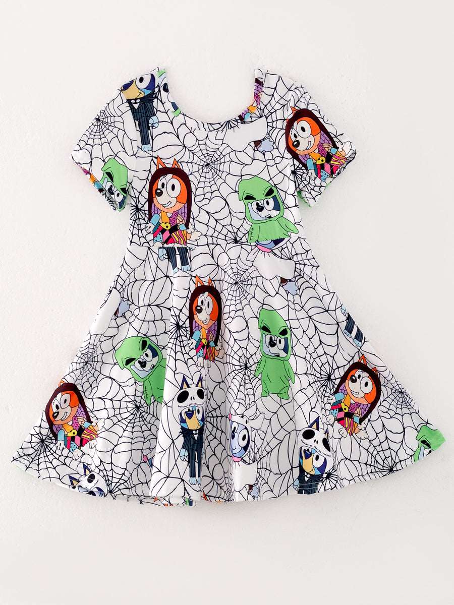 Girls Halloween Spider Web Character Print Dress