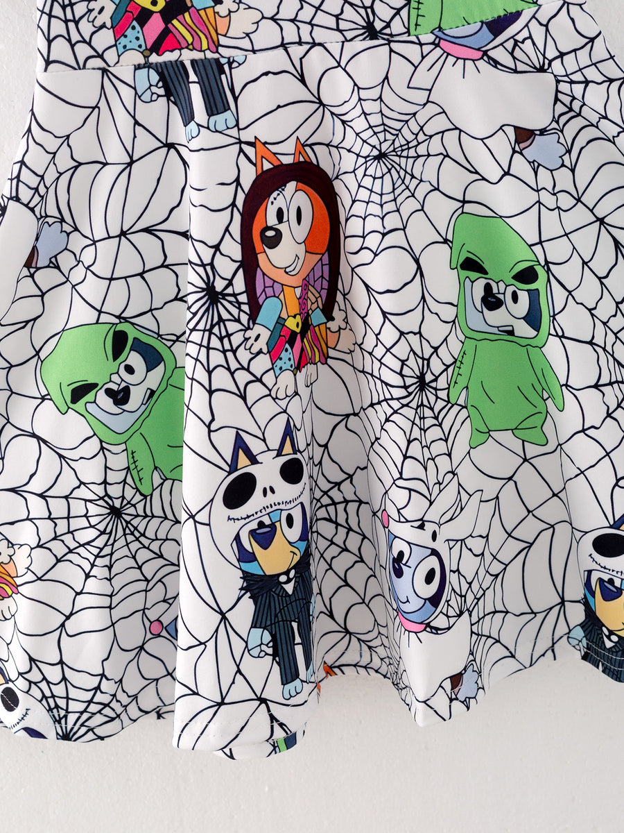 Girls Halloween Spider Web Character Print Dress