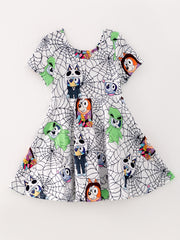 Girls Halloween Spider Web Character Print Dress