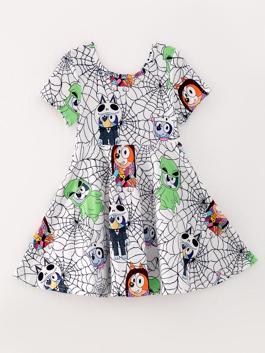 Girls Halloween Spider Web Character Print Dress