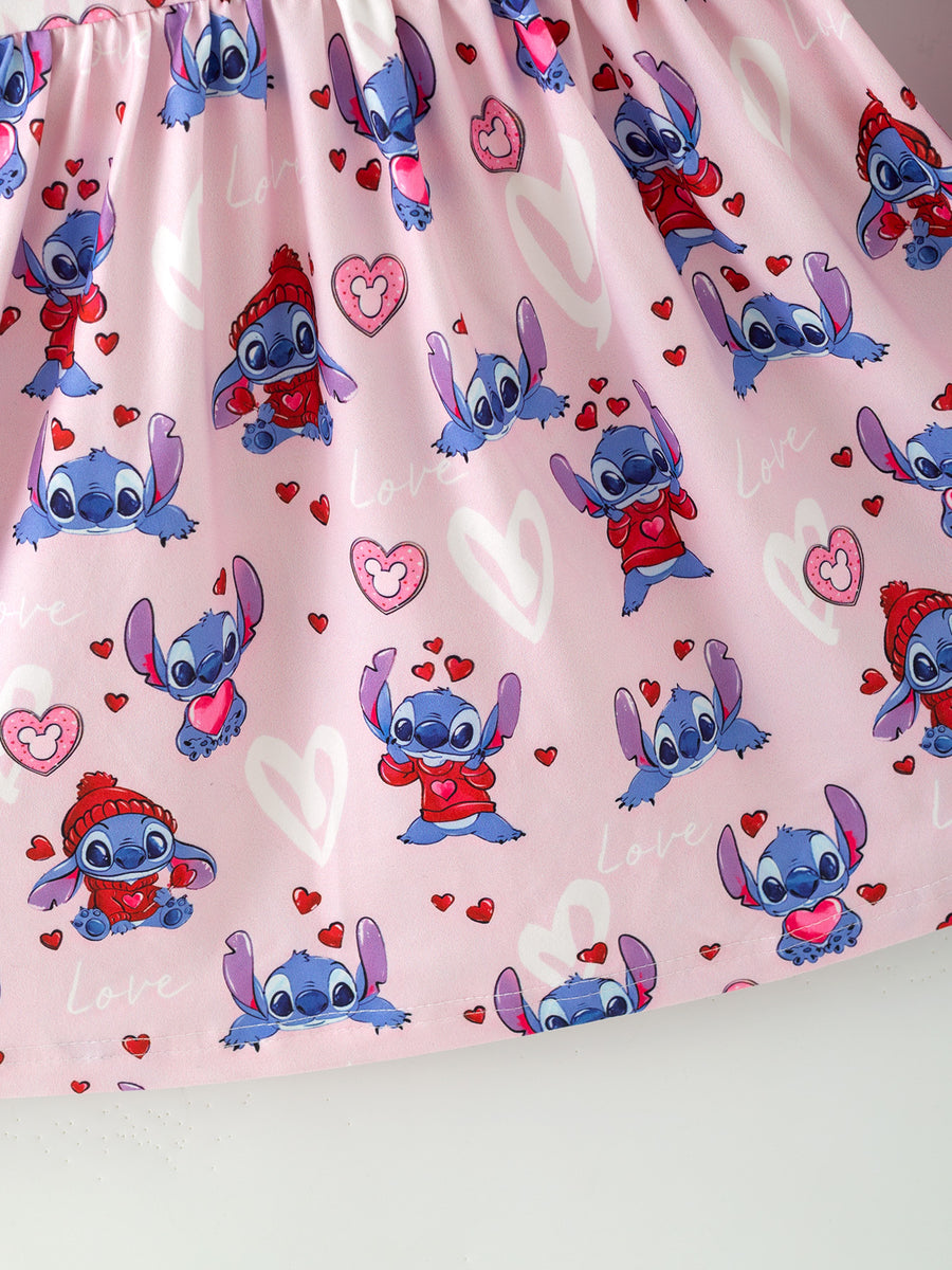 Girls' Valentine's Day Character Print Ruffle Sleeve Dress