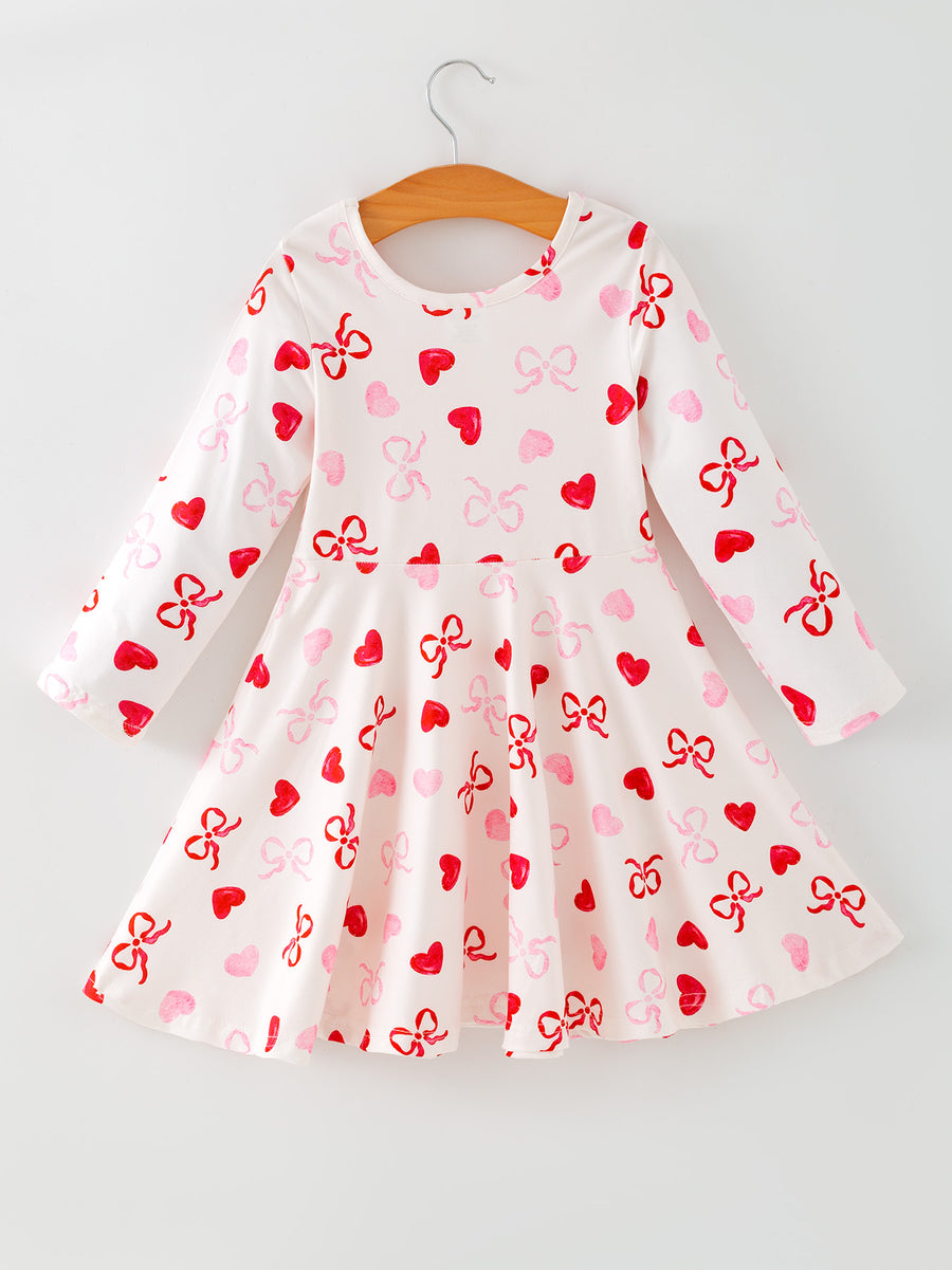 Toddler Girls Valentine Bow Heart Shape Print Dress