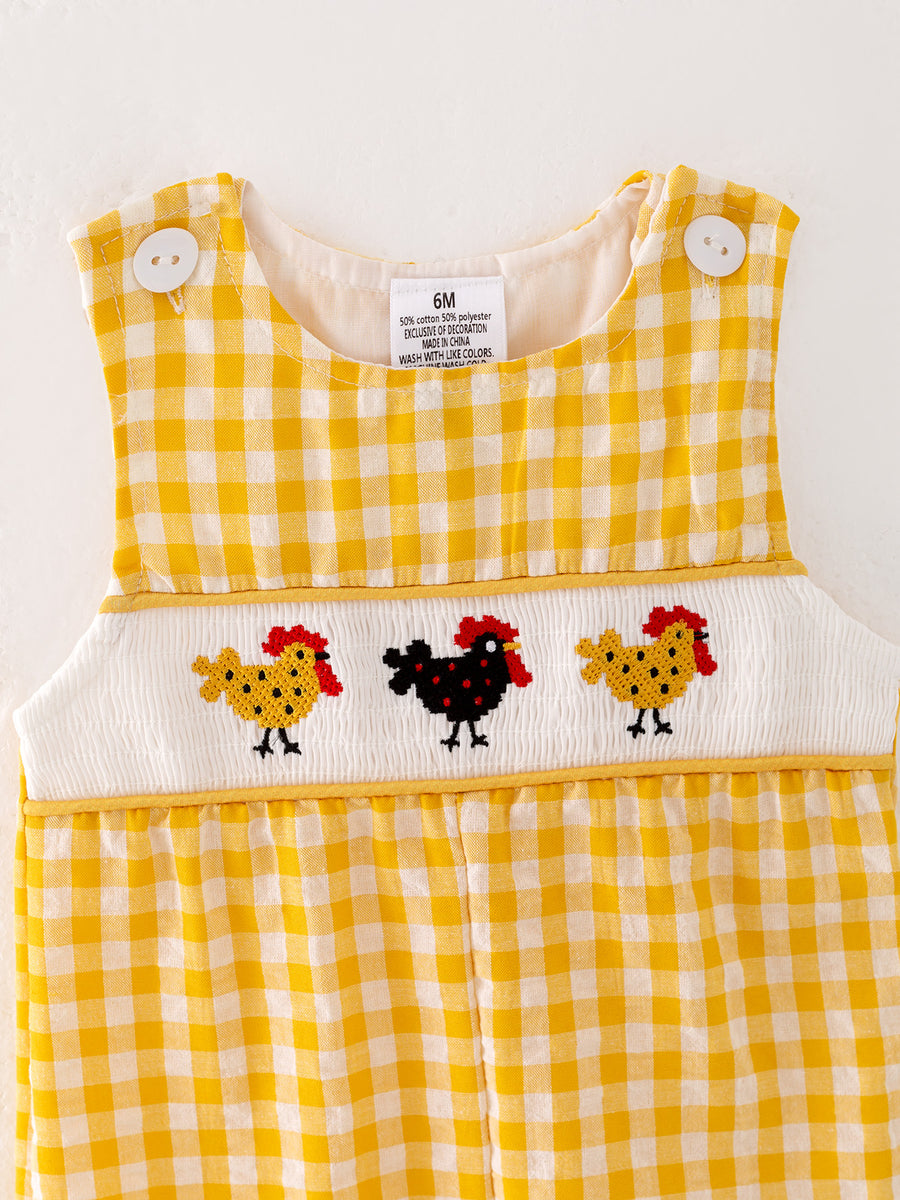 Boys Chicken Plaid Woven Smocking Embroidered Romper