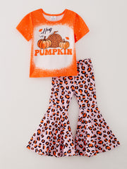 Halloween Pumpkin Letter Print Long Sleeve Suit Leopard Print Flared Pants