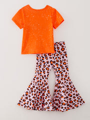 Halloween Pumpkin Letter Print Long Sleeve Suit Leopard Print Flared Pants