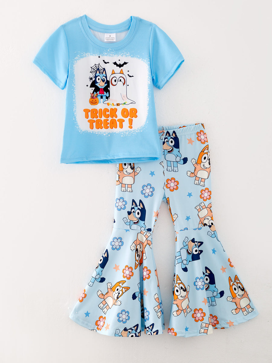 Girls Cartoon Print Top+Bell-Bottom Pants Milk Silk Outfits