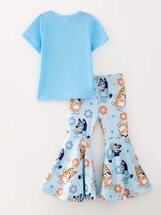 Girls Cartoon Print Top+Bell-Bottom Pants Milk Silk Outfits