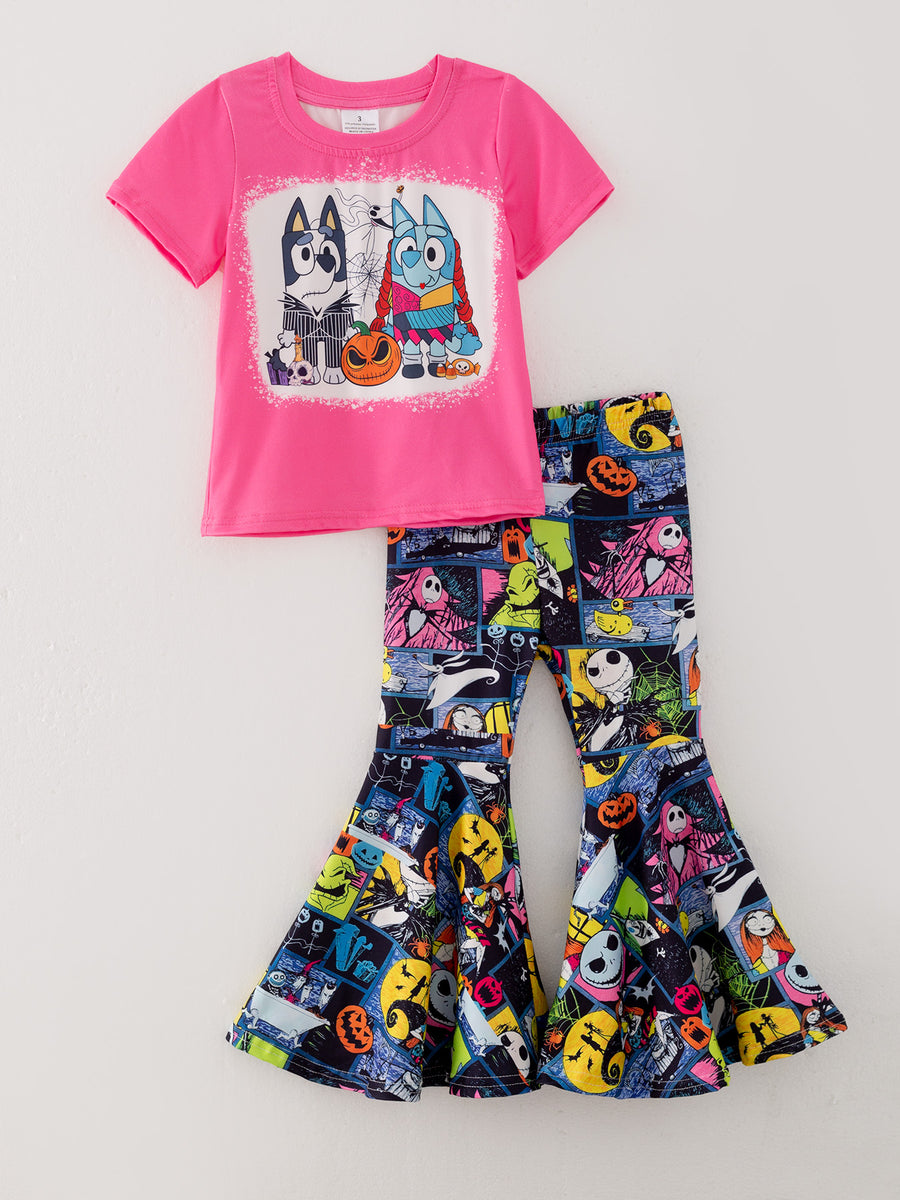 Girls Cartoon Print Top+Bell-Bottom Pants Milk Silk Pink Outfits