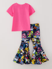 Girls Cartoon Print Top+Bell-Bottom Pants Milk Silk Pink Outfits