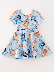 Cartoon Girls Blue Milk Silk Dress