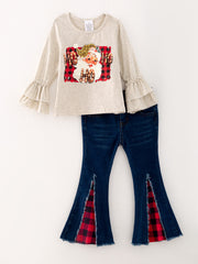 Girls Christmas Print Plaid Outfit Set