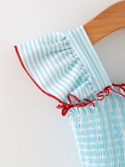 Girls Blue Striped Baseball Applique Smocked Dress Flutter Sleeves