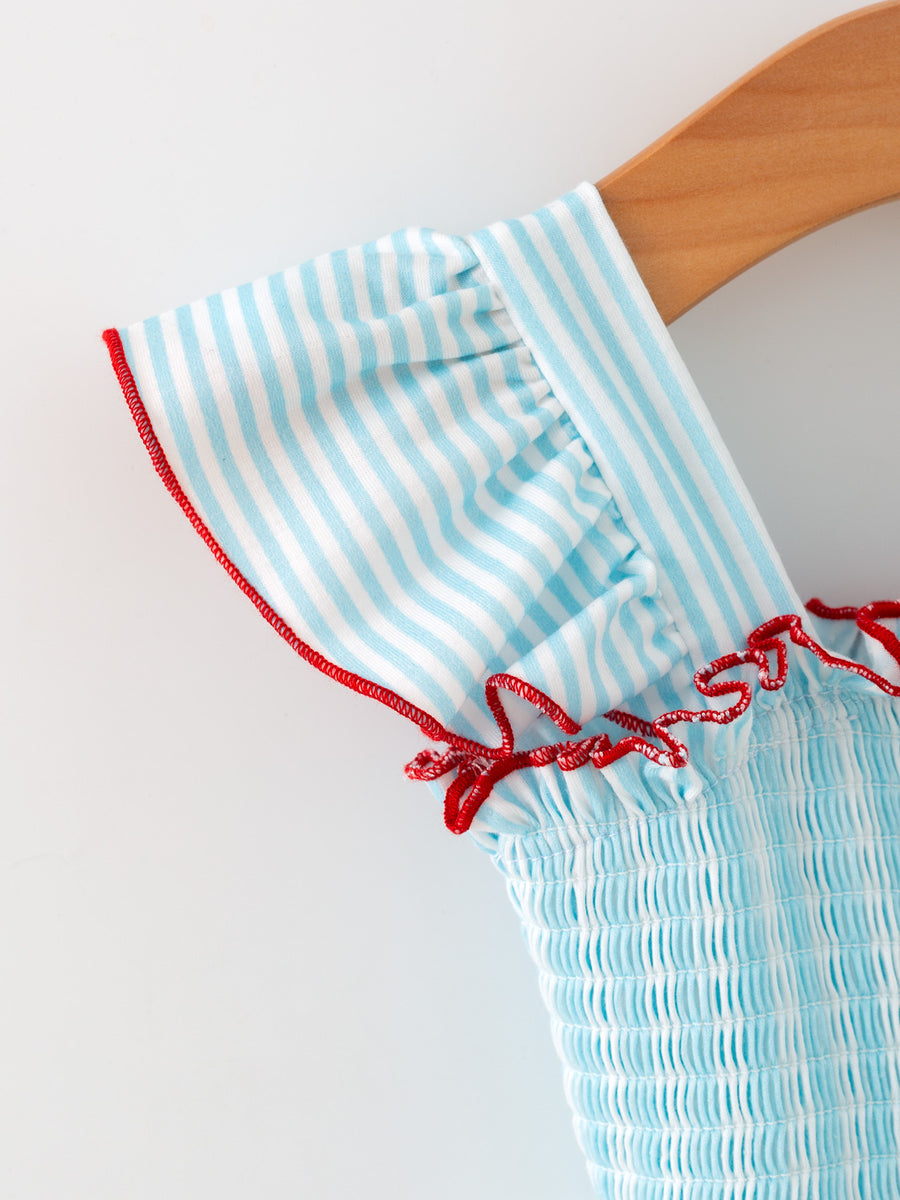 Girls Blue Striped Baseball Applique Smocked Dress Flutter Sleeves