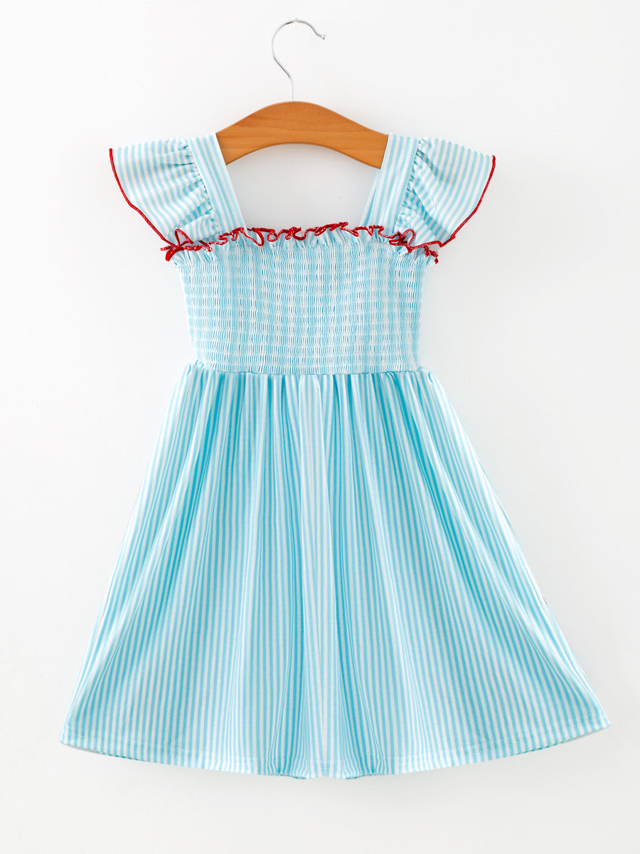 Girls Blue Striped Baseball Applique Smocked Dress Flutter Sleeves