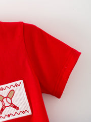 Toddler Boys Red Baseball Smocked Tee and Blue Plaid Shorts Set