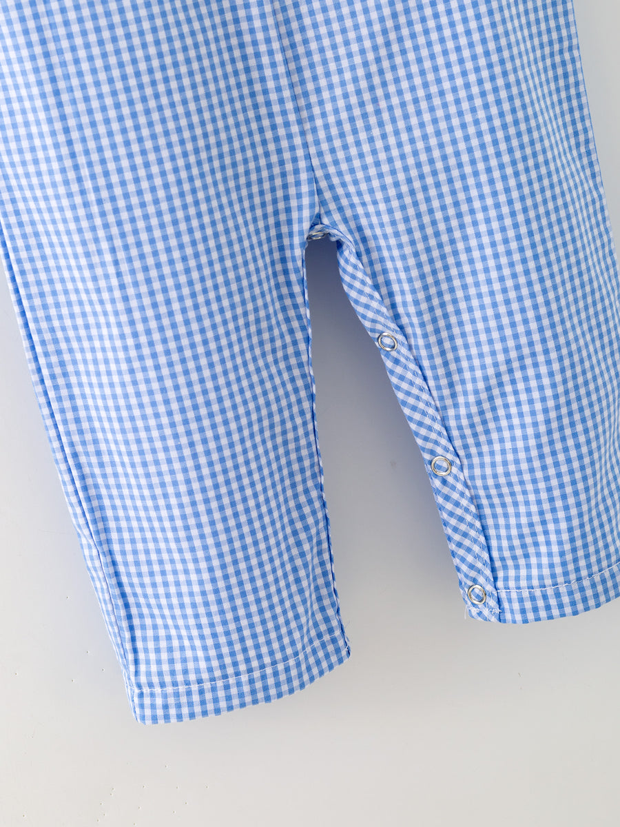 Baby Boy Baseball Smocked Romper – Blue Plaid Summer Outfit