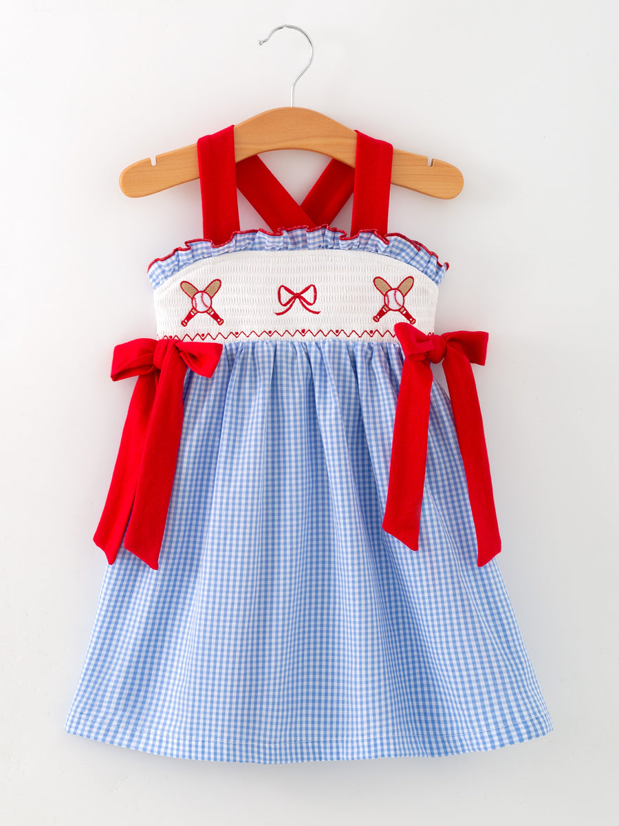 Toddler Girls Baseball Smocked Dress Blue Plaid Summer Outfit 2 Toddler Girls Baseball Smocked Dress Blue Plaid Summer Outfit 2