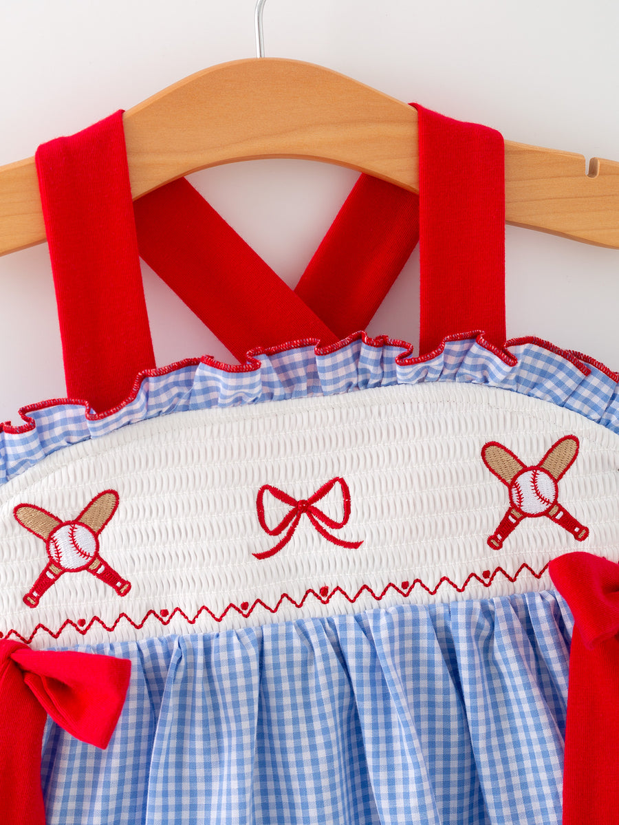 Toddler Girls Baseball Smocked Dress – Blue Plaid Summer Outfit