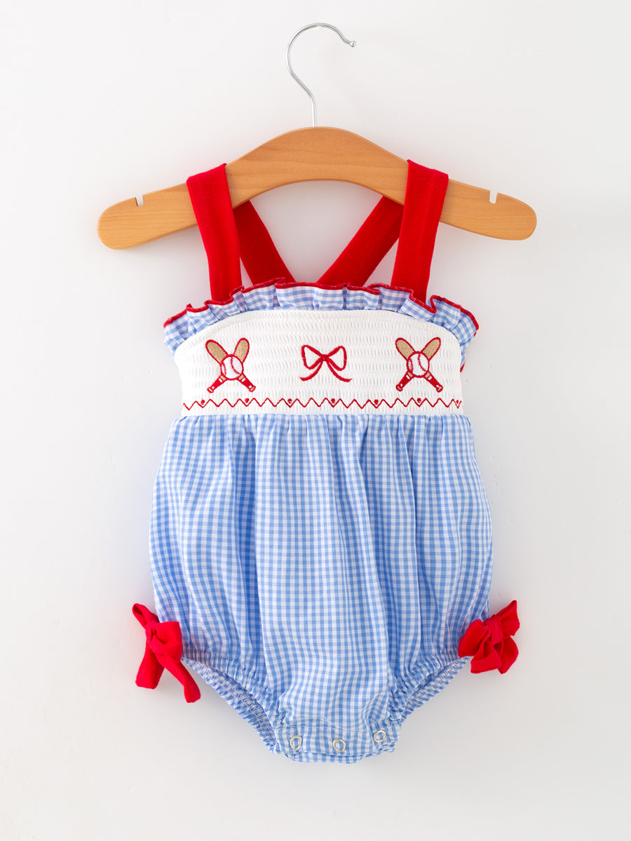 Baby Girls Baseball Smocked Romper – Blue Plaid Summer Outfit