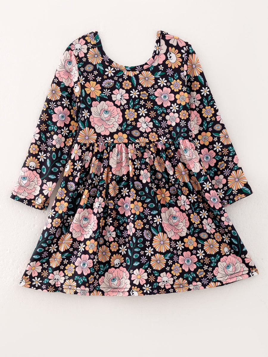 Girls Autumn Milk Silk Floral Print Dress