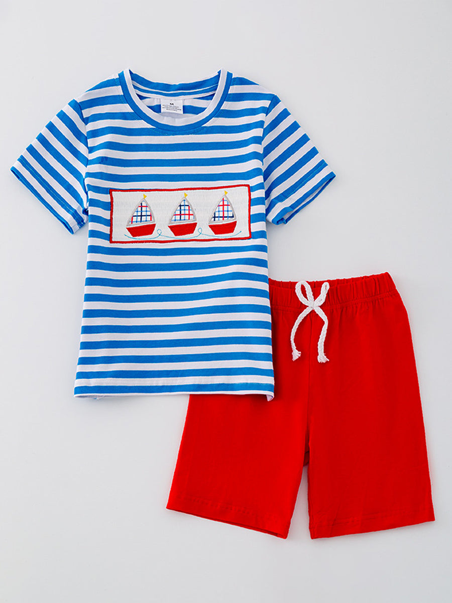 Sailboat Smocking Embroidered Striped Boys Set