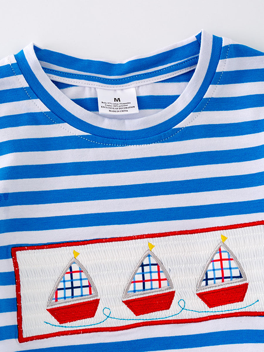 Sailboat Smocking Embroidered Striped Boys Set