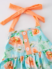 Girls Floral Print Halter Top Solid Color Ruffle Shorts