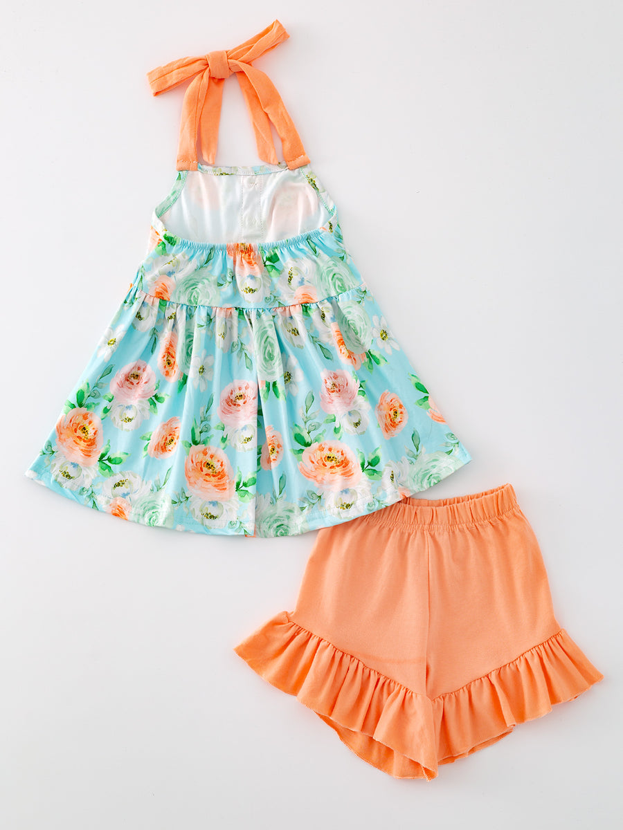 Girls Floral Print Halter Top Solid Color Ruffle Shorts