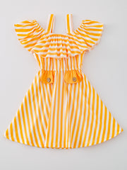 Suspender Striped Fake Button Pocket Ruffle Neck Dress