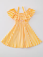 Suspender Striped Fake Button Pocket Ruffle Neck Dress