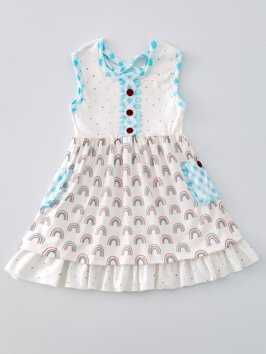 Polka Dot Rainbow Double Hem Dress with Button Pockets