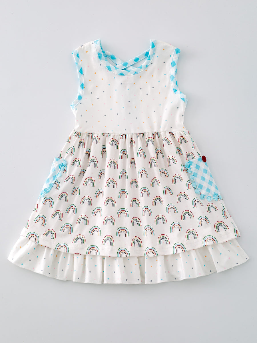 Polka Dot Rainbow Double Hem Dress with Button Pockets