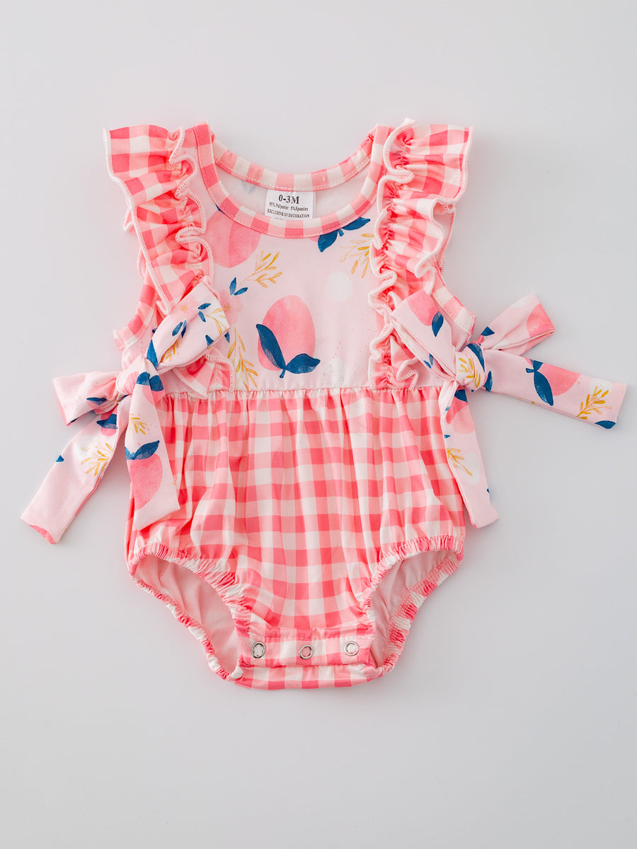 Peach Plaid Bow Ruffle Girls Romper Set