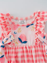 Peach Plaid Bow Ruffle Girls Romper Set