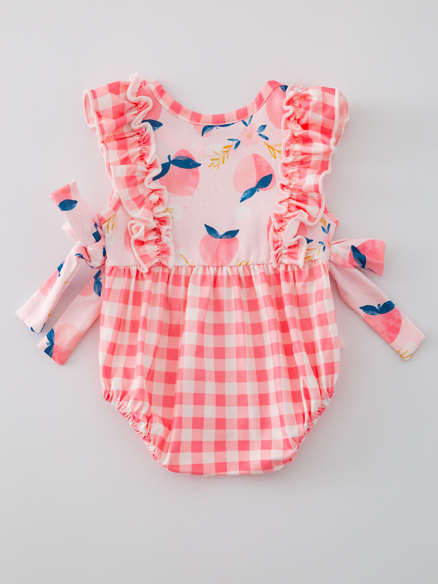 Peach Plaid Bow Ruffle Girls Romper Set