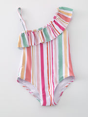 Girls Rainbow Stripe Print One-Piece Swimsuit