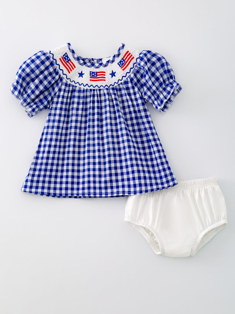4th of july USA Embroidered Smocking Blue White Plaid Baby Girls Bloomer Set