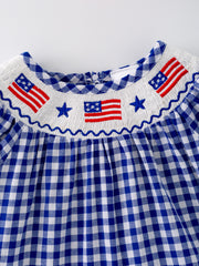 4th of july USA Embroidered Smocking Blue White Plaid Baby Girls Bloomer Set