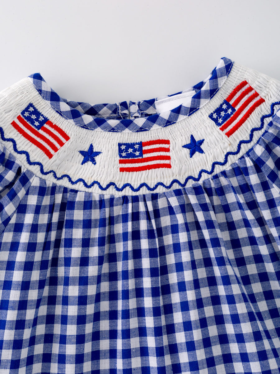 4th of july USA Embroidered Smocking Blue White Plaid Baby Girls Bloomer Set
