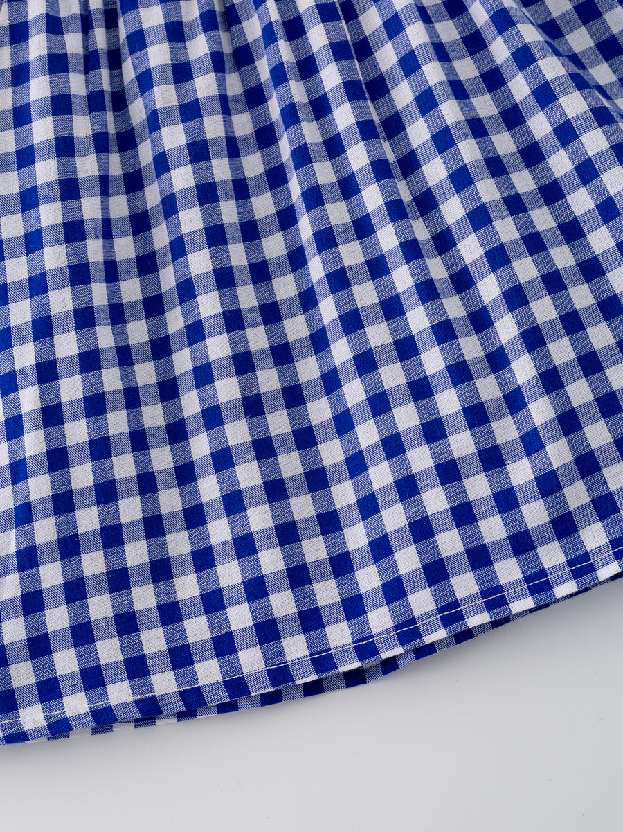 4th of july USA Embroidered Smocking Blue White Plaid Baby Girls Bloomer Set