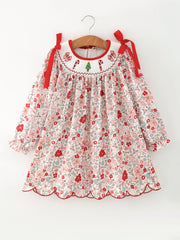 Christmas Red Floral Girls Dress Candy Cane Bow Embroidery Dress