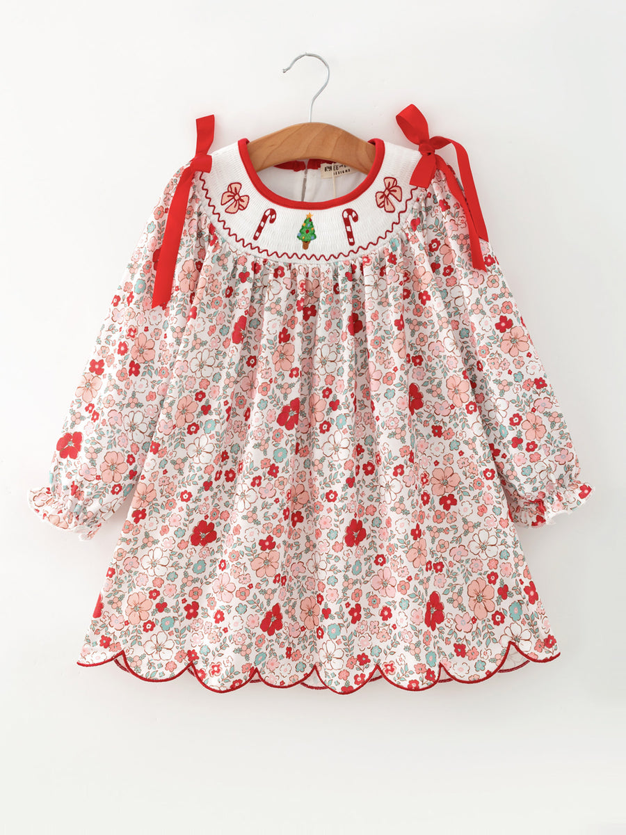 Christmas Red Floral Girls Dress Candy Cane Bow Embroidery Dress