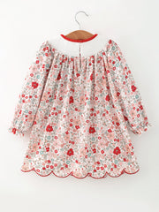 Christmas Red Floral Girls Dress Candy Cane Bow Embroidery Dress