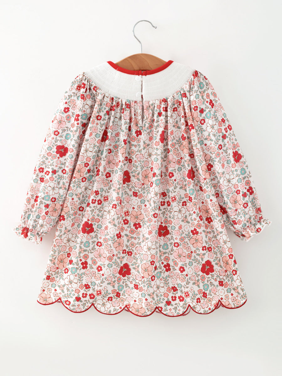 Christmas Red Floral Girls Dress Candy Cane Bow Embroidery Dress