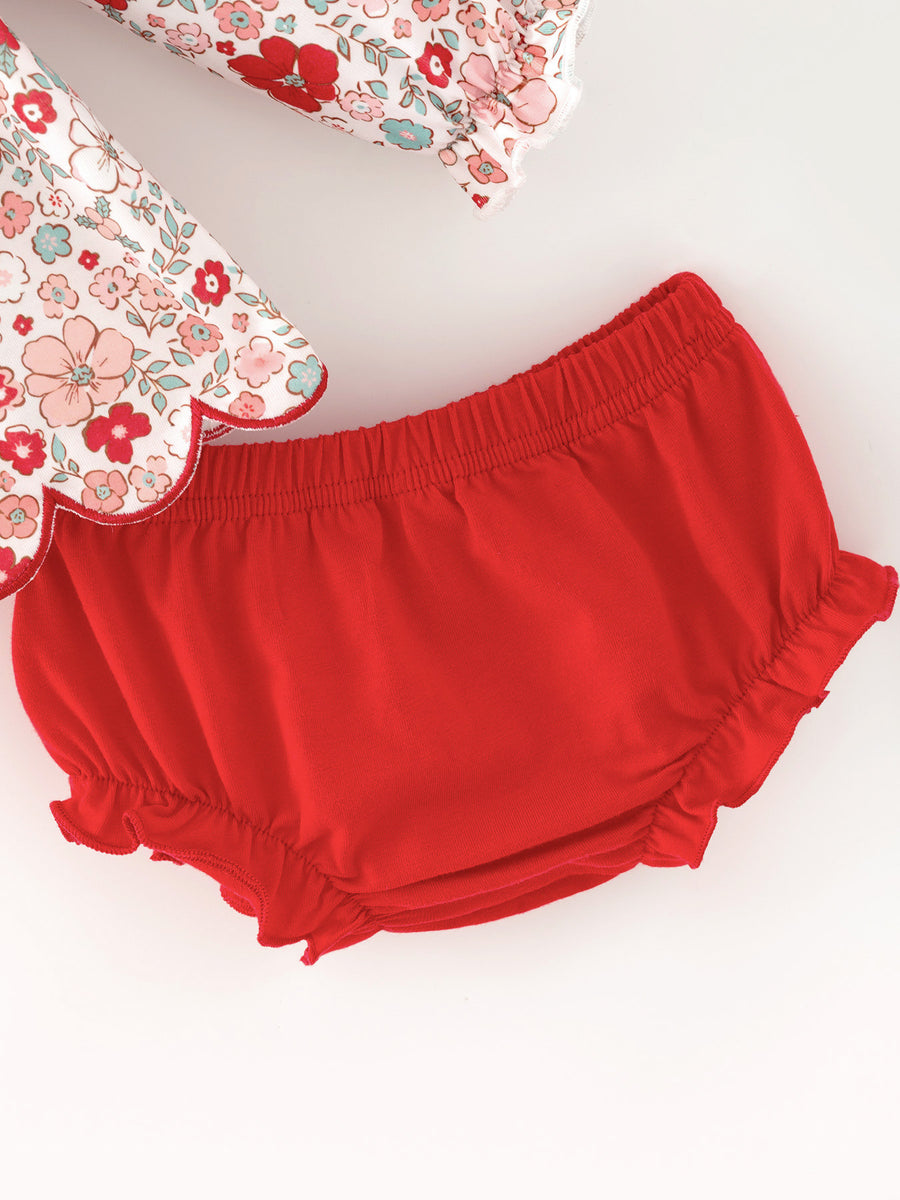 Christmas Red Floral Baby Girl Outfit Set Embroidery Bloomer Set