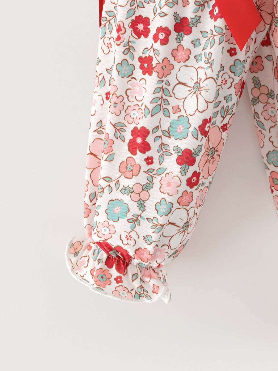 Christmas Red Floral Baby Girl Outfit Set Embroidery Bloomer Set