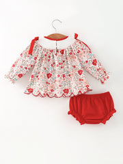 Christmas Red Floral Baby Girl Outfit Set Embroidery Bloomer Set