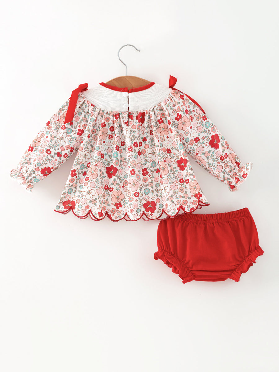Christmas Red Floral Baby Girl Outfit Set Embroidery Bloomer Set