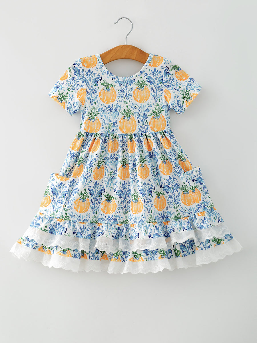 Fall Girls Pumpkin Patch Dress Lace Trim with Pockets