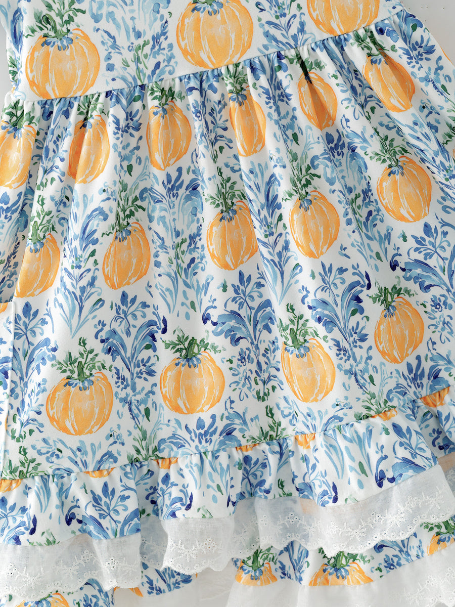 Fall Girls Pumpkin Patch Dress Lace Trim with Pockets